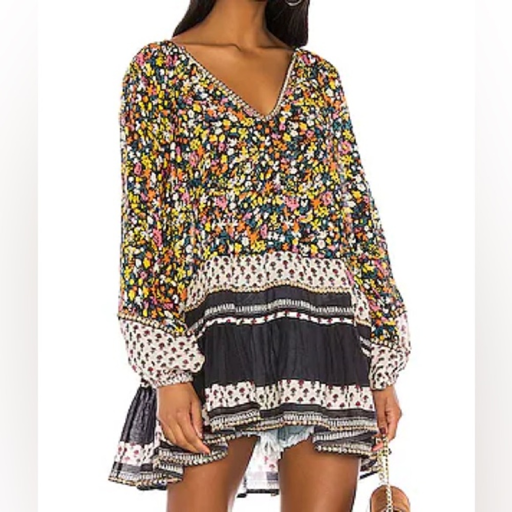 Free People Black Yellow Floral Sequin Gardenia Tunic Blouse XS Gold Boho Flowy